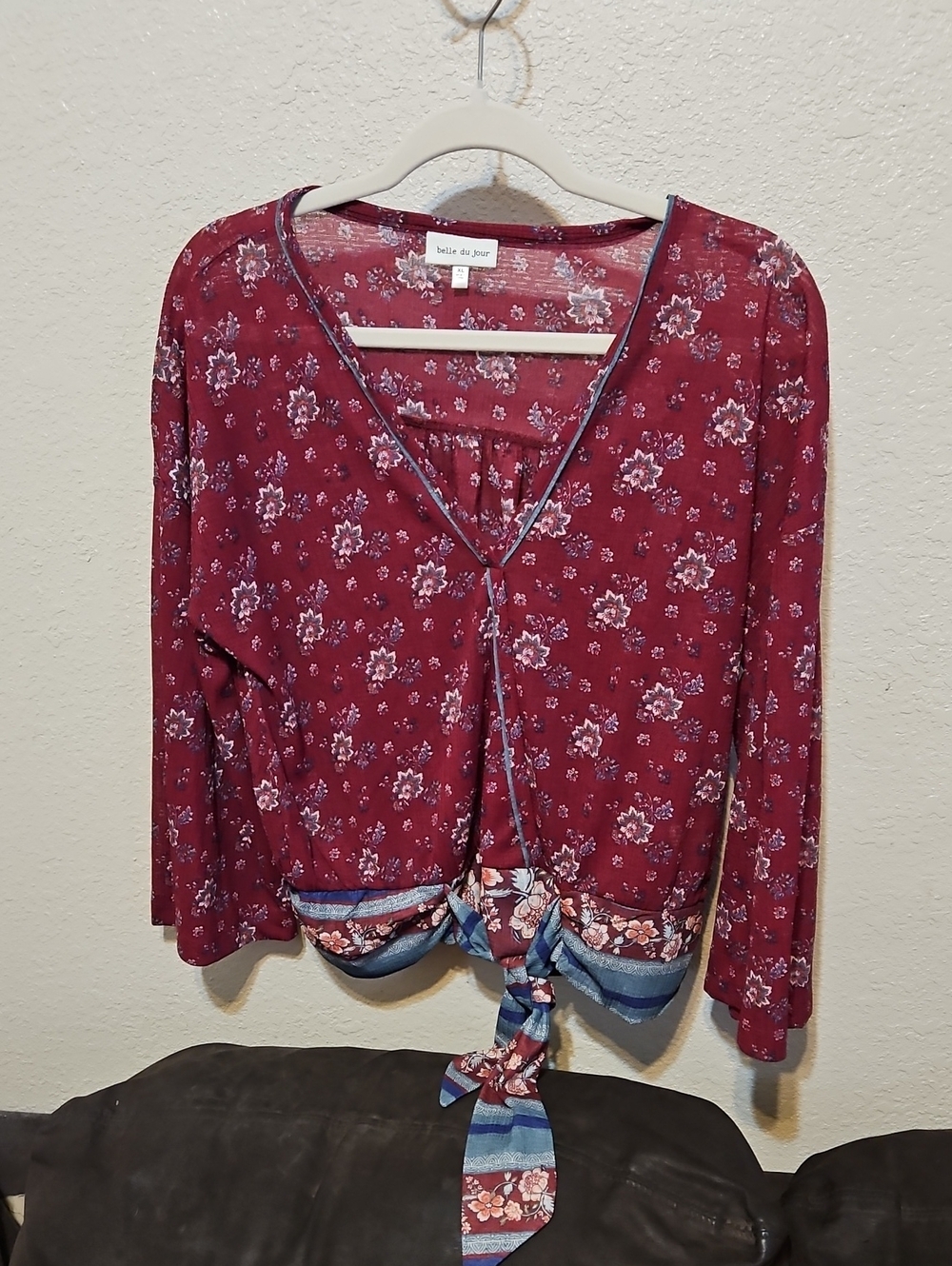 Belle Du Jour Burgundy Floral Tie-Front Tunic with Blue Trim